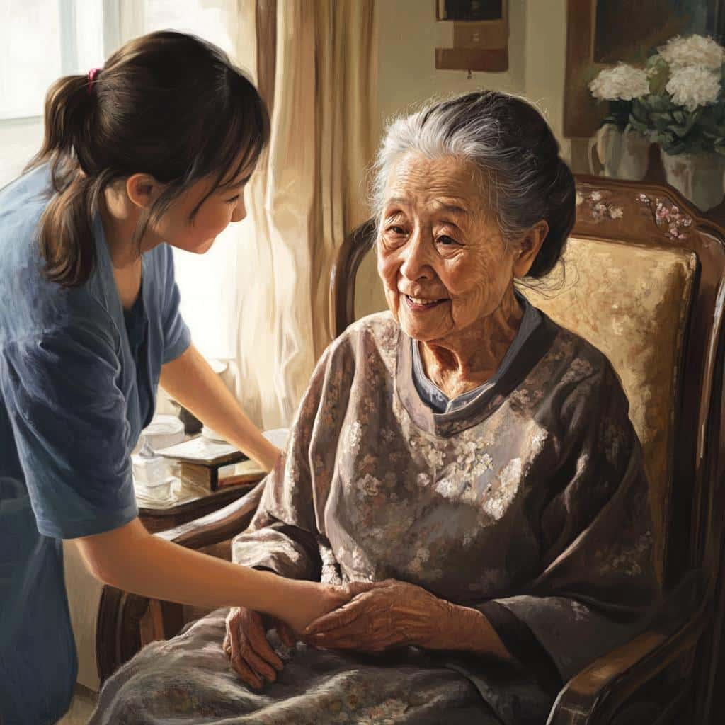 Elderly woman sitting with caregiver