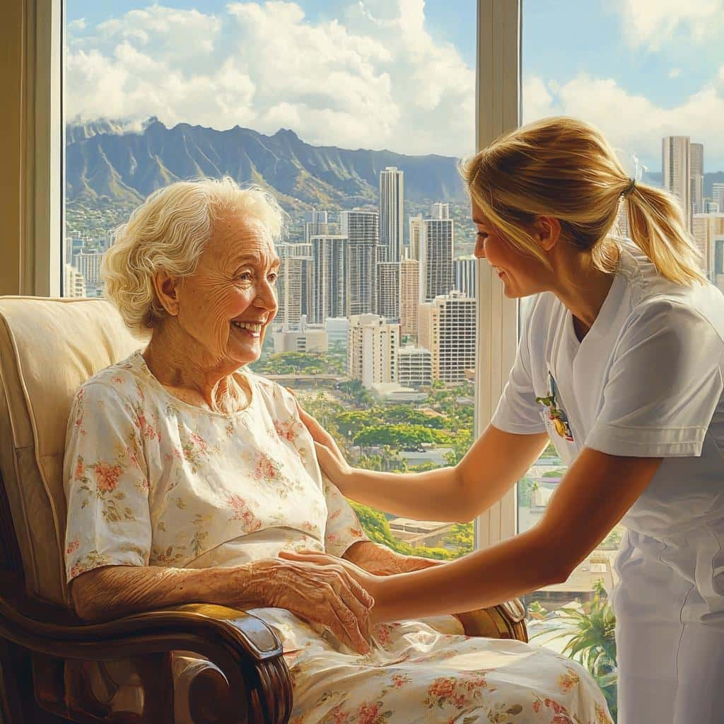 Smiling elderly woman sitting with caregiver