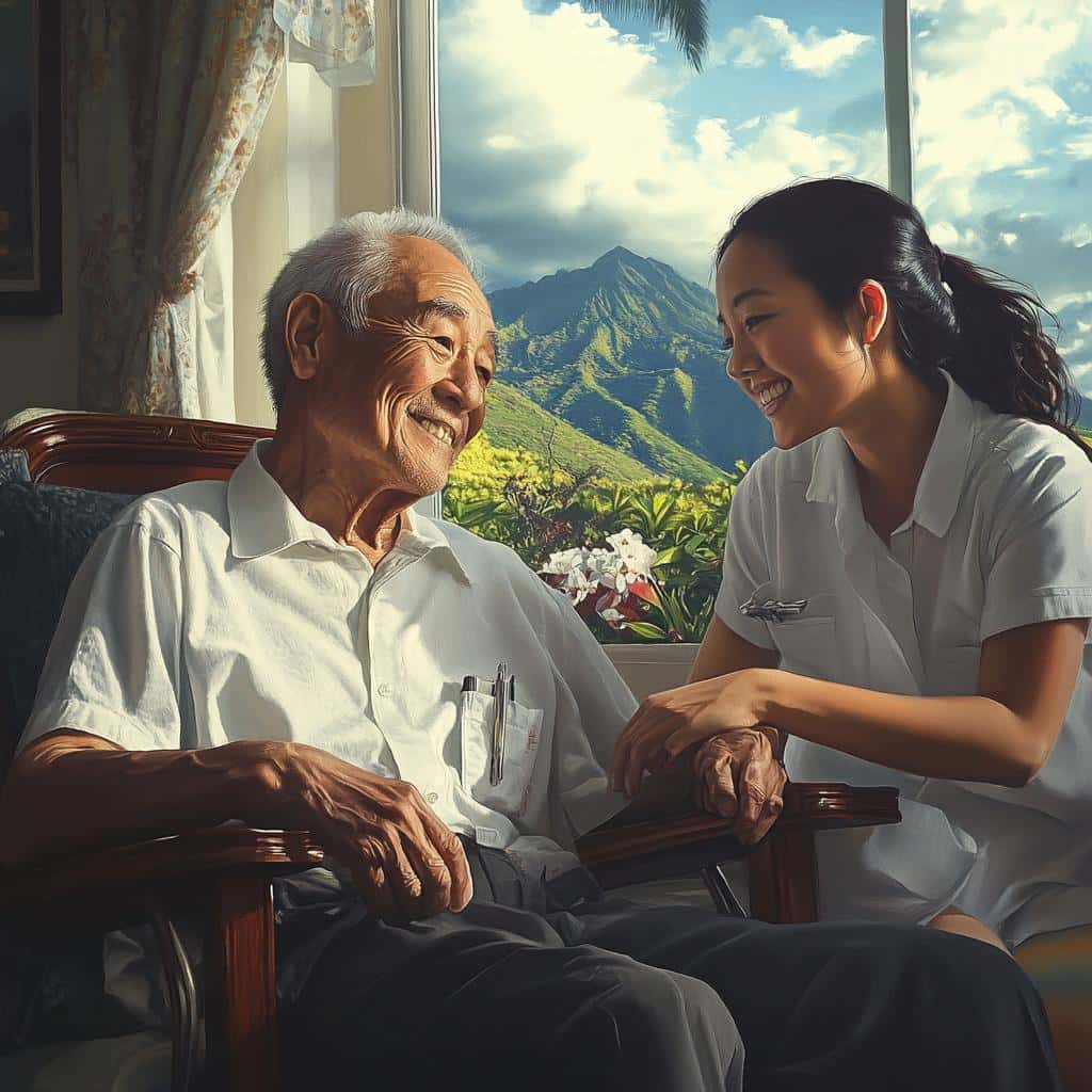 Elderly man sitting with caregiver