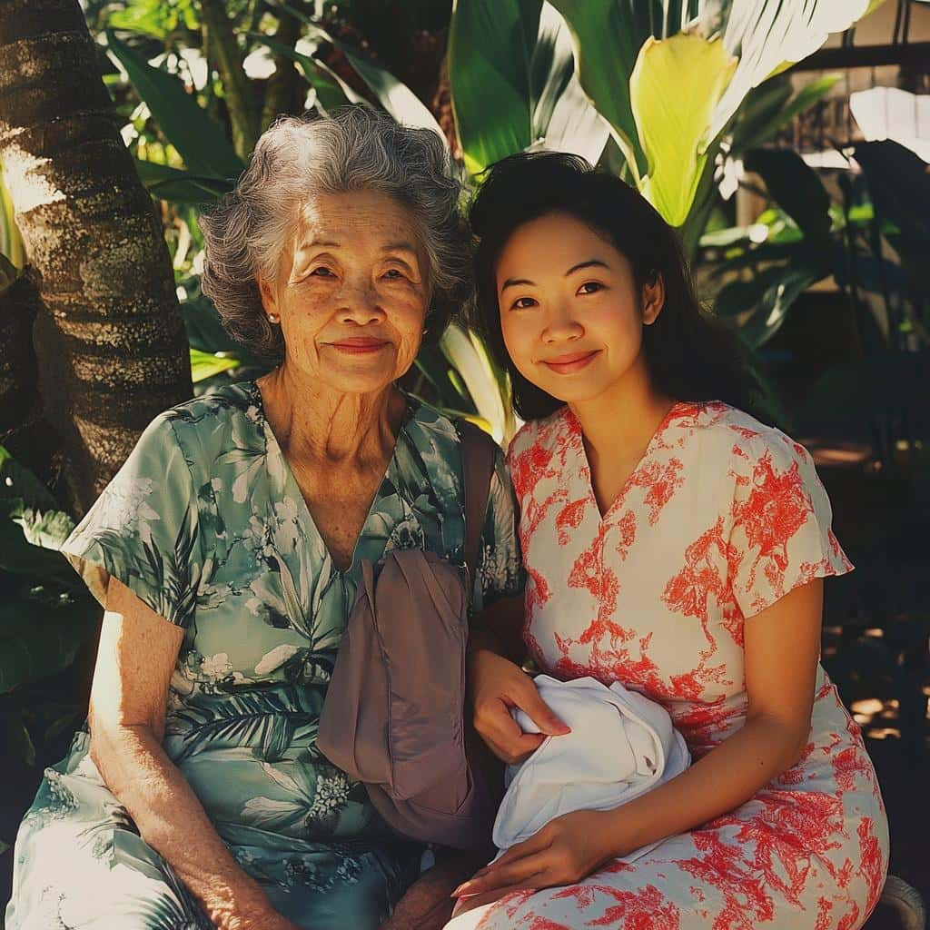 Elderly woman sitting outdoors with caregiver